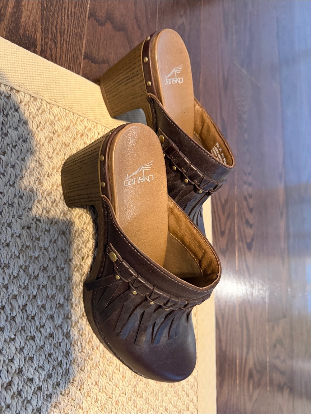 Dansko Brown Leather Fringe Studded Clog Mules